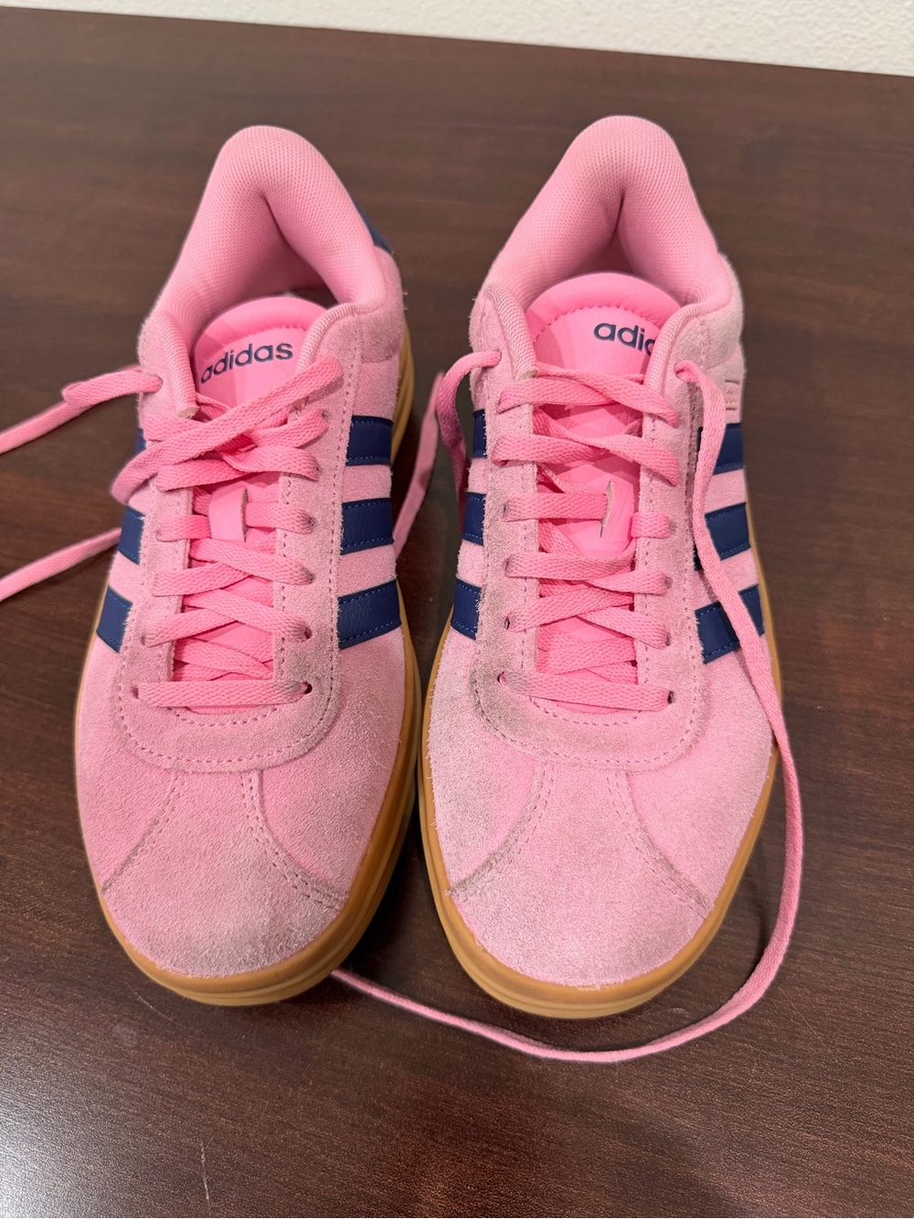 adidas Pink Suede Sneakers with Navy Stripes and Gum Sole - size 6.5